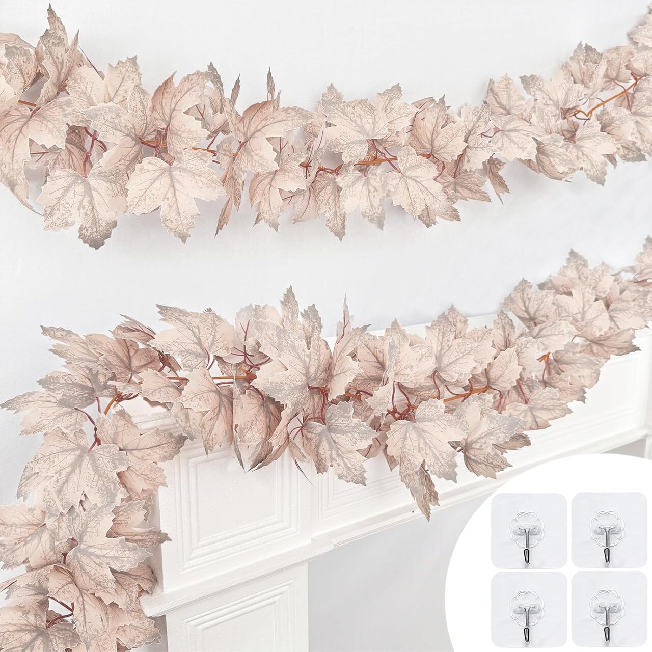 2-Pack 6FT Fall Garland – Artificial Maple Leaf Thanksgiving Decorations for Home, Farmhouse, Porch, Wedding, Table, Mantle, Fireplace, Party & Christmas (Grey White)